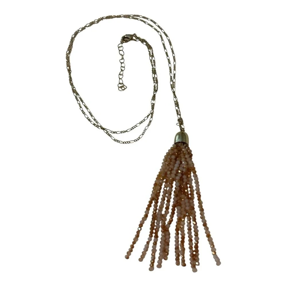 Faceted Bead Pendent Necklace Tassel Gold Tone Figaro Chain Blush Pink 30